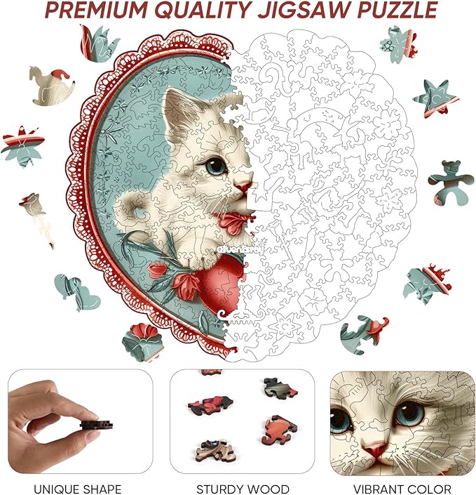 Wooden Puzzle for Adults - 3D Vision Effect Heart Cat Puzzle 200 Pcs Unique Shape Advanced Wooden Jigsaw Puzzle, Challenge Jigsaw Puzzle(11.1 x 11.2 in)