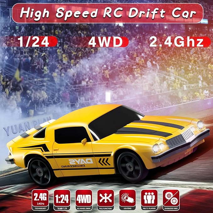RC Drift Car - 1/24 4WD Remote Control With LED Light, 2.4GHz High Speed, Two Rechargeable Batteries and Drift Tires for Kids and Adults, Boys and Girls, Yellow