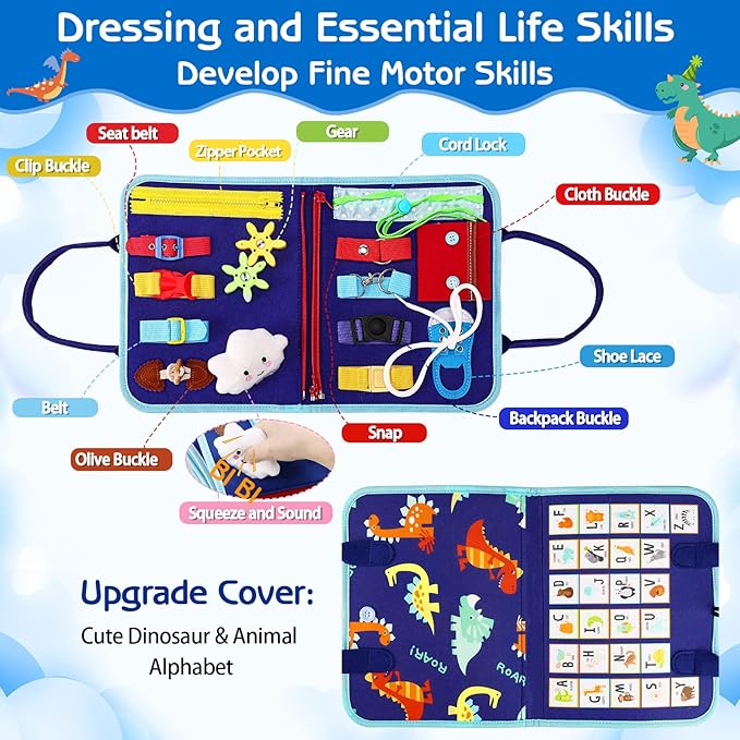 Esjay Toddler Busy Board Montessori Toys, Sensory Board Educational Activities for Learning Fine Motor Skills, Gifts for Girls Boys Toddlers, Travel Toys for Airplane Car,Blue Dinosaur