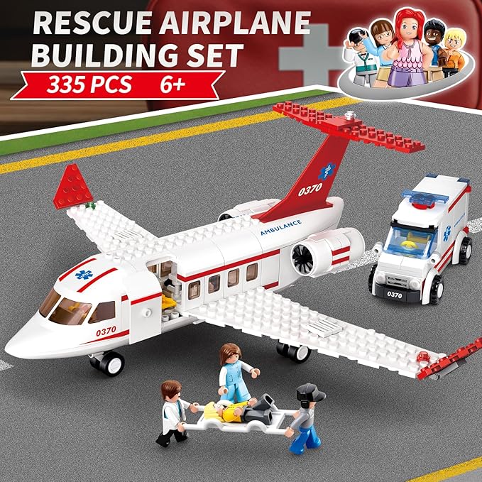 Sluban Rescue Plane Building Set with Ambulance Car, Stretcher and 4 Minifigures, City Airplane Hospital Vehicles Compatible with Lego Plane, Gift Idea for Kids, Girls and Boys Ages 6+, M38-B0370