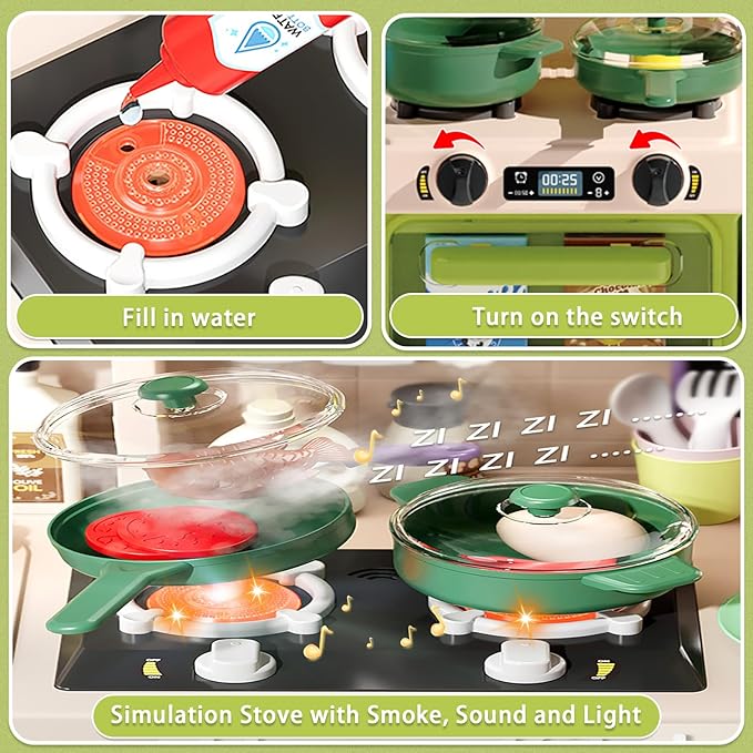 Kids Kitchen Playset Set, 63PCS Pretend Play Kitchen Toys for Toddlers, Cooking Stove with Steam Sound Light, Play Sink with Manual Faucet, Play Food Accessories Gift for Boys, 33’’H Green