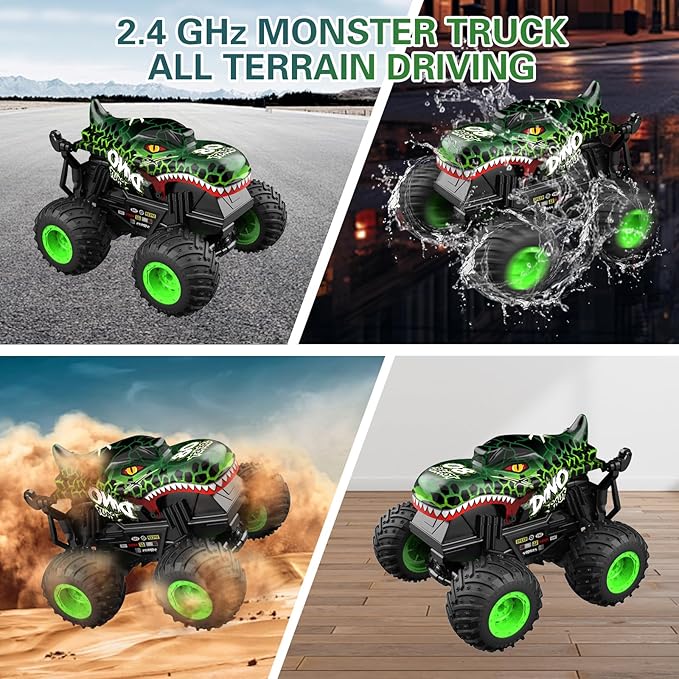 Jumping Monster Truck Toy, 2.4GHz Remote Monster Trucks for Boys 4-6, Dinosaur Monster RC Truck, 2 Rechargeable Batteries, 3 Lighting and Music, Rotate 360 °, Drift, Blue Remote Control Car