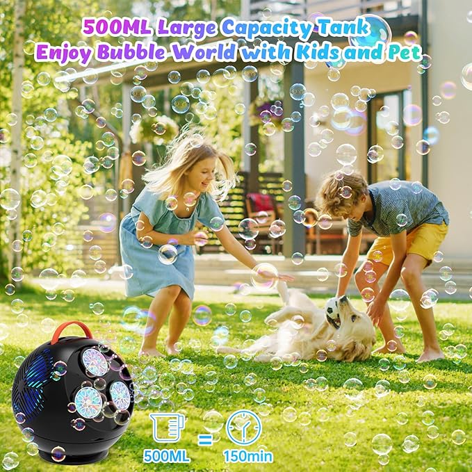 Bubble Machine for Kids Toddlers,45°/360° Automatic Rotation Spherical Bubble Maker Toy with RGB Light,Rechargeable Type-C Charge Bubble Blower,Outdoor Wedding Party Birthday Gifts (Black)