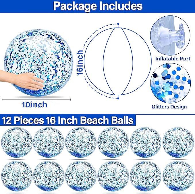 12 Pack Inflatable Beach Balls Bulk 16" Glitters Pool Toys Balls for Pool, Beach, Summer Pool Party - Swimming Pool Game Water Beach Toys Kid Party Favor Decorations Summer Blow Up Beach Ball