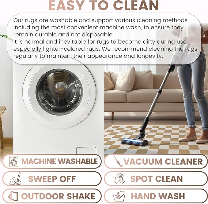 Washable 4x6 Checkered Area Rug for Living Room, Tan Brown Checkerboard Modern Boho Large Rugs, Ultra Thin Low Pile Lightweight Indoor Carpet with Non-Slip Backing for Bedroom Kids Nursery Play Room