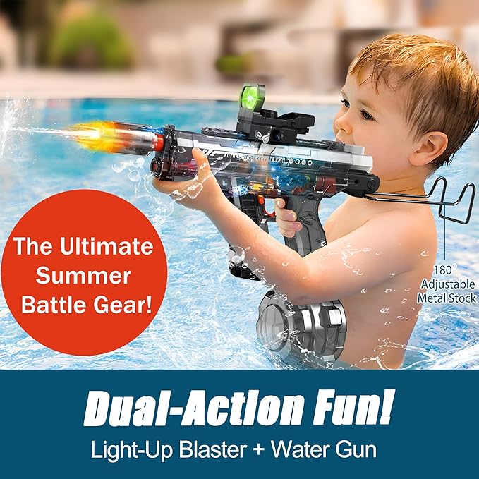 Powerful Electric Water Gun, Automatic & Manual Squirt Gun with LED Light, Rechargeable Battery Powered Water Blaster 28-32 Ft Range, Large Capacity Tank for Outdoor Pool Beach Battle Play