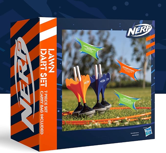 Nerf Soft Tip Lawn Dart Set, Outdoor Backyard Game for Kids & Adults, Includes 4 Lawn Darts, 2 Target Rings, Storage Bag, Fun & Safe Summer Activity for Beach, Yard, Camping, Pool