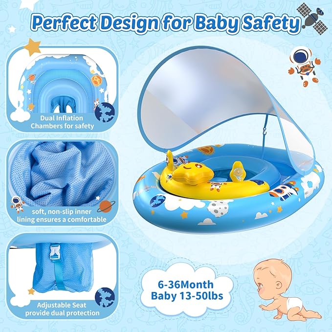 Baby Pool Float with Canopy UPF50+ Sun Protection, Inflatable Kids Pool Floats Infant Swimming Float with Toy Play Console Adjustable Safety Seat for Kids Girls Boys Aged 6-36 Months