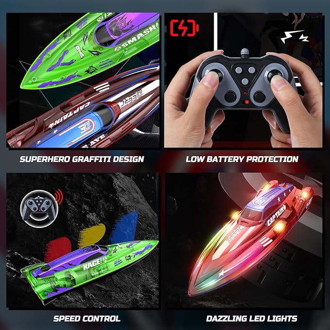 DEERC 2 Pack 13 inch Remote Control Boat for Kids, 4 Batteries, 2.4Ghz RC Racing Boat with LED Lights for Pools and Lakes, Summer Water Toy Gift for Boys 8-12