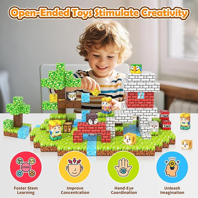 100PCS Magnetic Blocks with Forest Animals Toys, Build Mine Magnet World Set, Magnetic Tiles Building for Boys & Girls Age 4-8 5-7, STEM Montessori Sensory Toys for Toddlers Kids Gifts 3+ Years Old