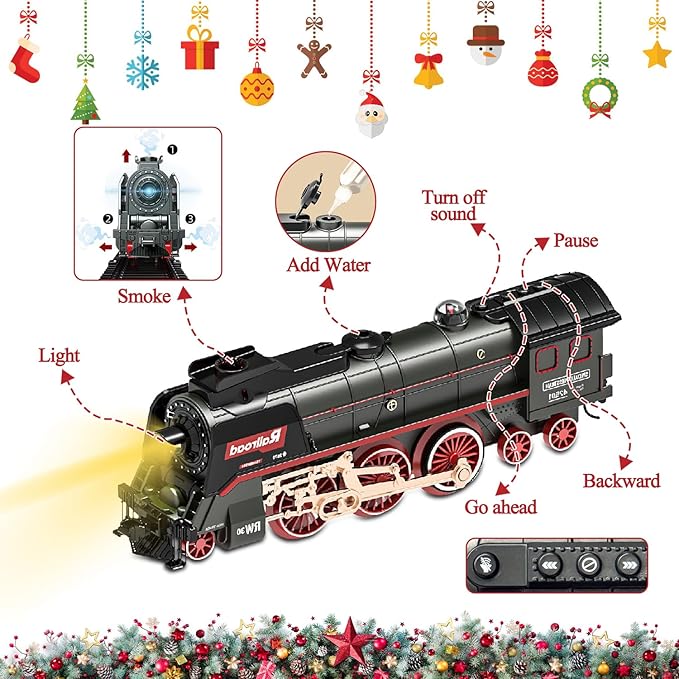 Train Set for Kids, Electric Train Toys with Realistic Light Sounds Smoke, Christmas Train Model Gifts for Toddlers Boys Girls, Steam Locomotive, Luxury Track & 3 Truck Carriages