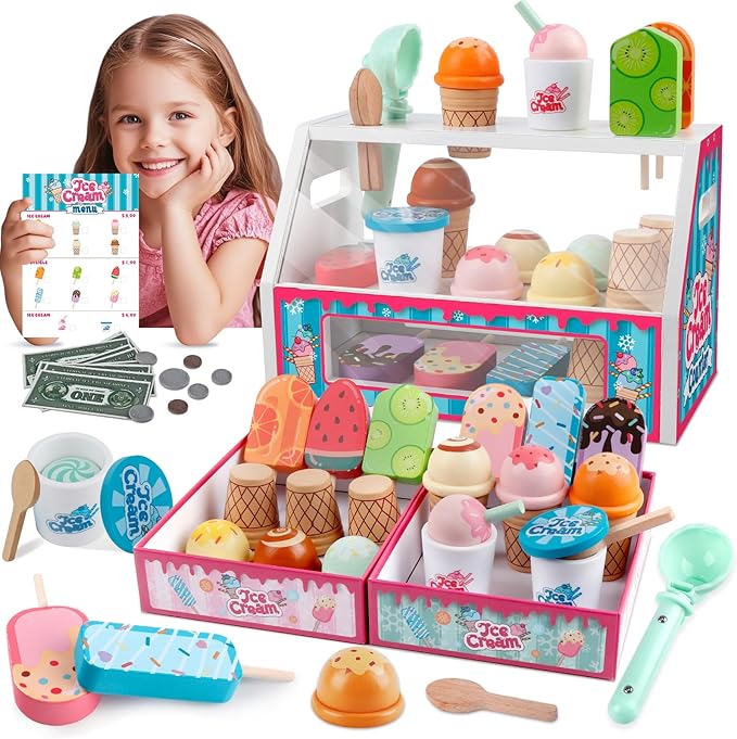 Ice Cream Toys, Wooden Ice Cream Play Set, Pretend Play Toys, 46 Pcs Wooden Play Kitchen Accessories with Menu & Scoop & Menu & Fake Money, Ice Cream Toys for Toddlers 3 4 5 6 Girls Boys Birthday