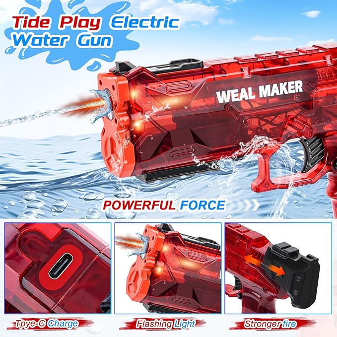 2P 2025 Upgraded Electric Water Gun with LED Flash and Type-C Charging, Automatic Squirt Guns 25-30 FT Range, Realistic Water Pistol for Summer Outdoor Pool Party Kid Sprinkler Toys