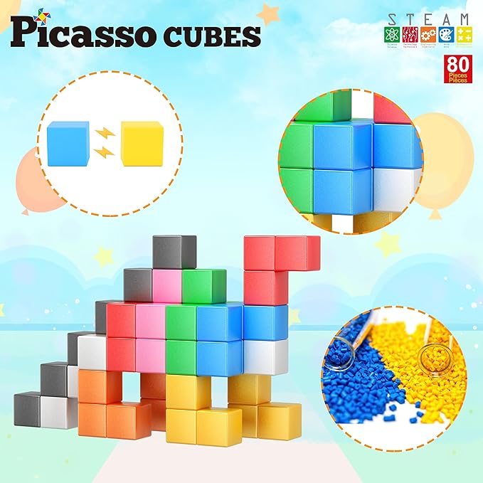 PicassoTiles Magnet Cube Building Blocks 80 Pieces 1.2" 3CM Magnetic Cubes Toy Construction Building Educational Sensory Toys with Idea Booklet for School & Preschool Kids Boys Girls Toddlers PMC302