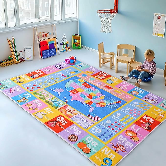 Kids Rugs for Playroom - Soft & Non-Slip 4x5 Feet Educational Rug for Learning ABC Alphabet, Numbers, Shapes & Map, Washable Classroom Rug for Toddler Nursery & Kids Room Decor