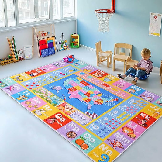 Kids Rugs for Playroom - Soft & Non-Slip 4x5 Feet Educational Rug for Learning ABC Alphabet, Numbers, Shapes & Map, Washable Classroom Rug for Toddler Nursery & Kids Room Decor