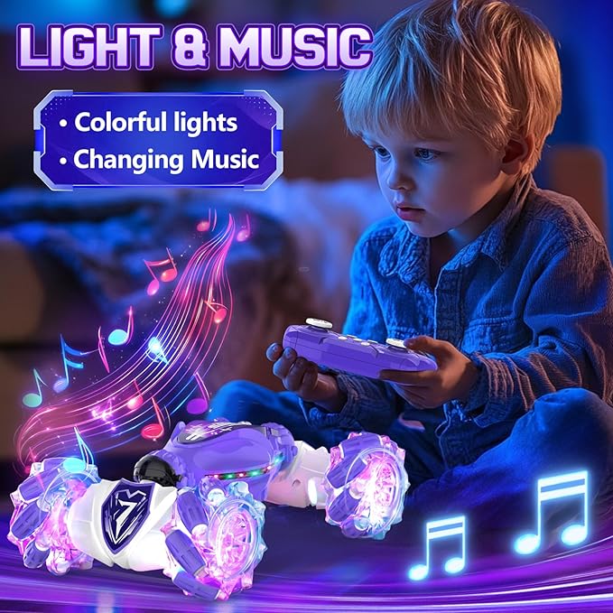 Gesture Sensing Remote Control Car Toys - Drift RC Stunt Car for Kids | 360° Rotating 4WD Transform RC Cars | 2.4Ghz Hand Controlled with Lights Music | Birthday to Boys (Purple)