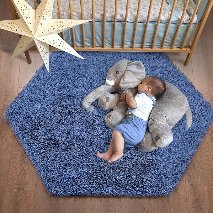 junovo Ultra Soft Rug for Nursery Children Room Baby Room Home Decor Dormitory Hexagon Carpet for Playhouse Princess Tent Kids Play Castle, Diameter 4.6 ft, Navy Blue