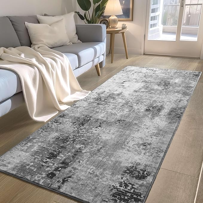 Runner Rug for Hallways Kitchen Runner Rug Non Slip 2'6''x8' Washable Grey Long Runner Rugs with Rubber Backing Soft Abstract Carpet Runner for Entryway, Kitchen, Bedroom, Bathroom