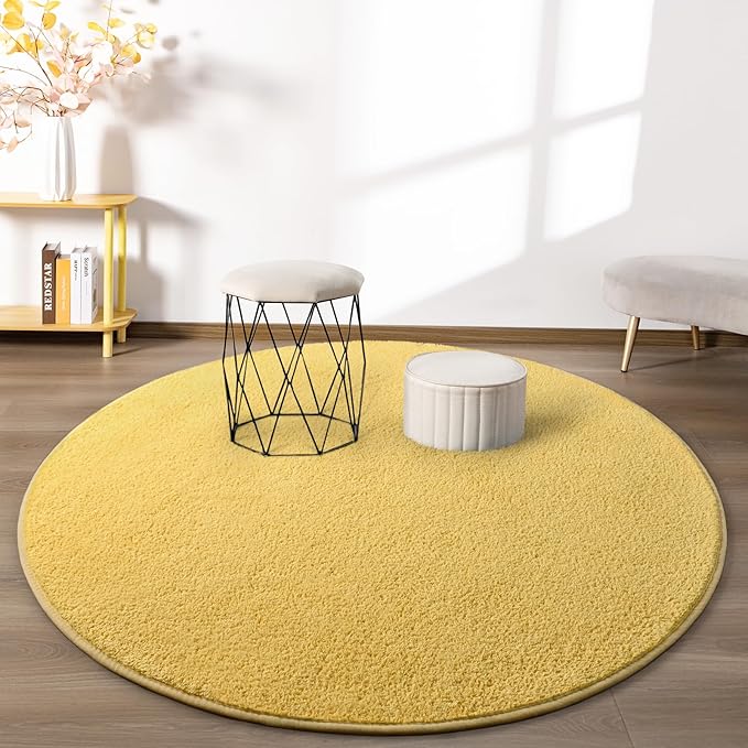 FlyDOIT Round Area Rugs for Bedroom Living Room, 4x4 Yellow Super Soft Comfy Thickened Memory-Foam Indoor Circle Carpets, Modern Aesthetic Minimalist Carpet for Boys Girls Adults Nursery Home Décor