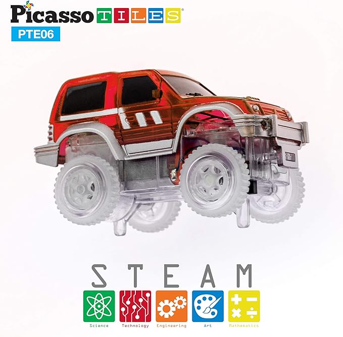 PicassoTiles 3 pcs Magnetic Toy Car Set Light Up LED Highly Detailed Compatible with Magnet Race Track STEM Truck Replacement Accessories Educational Building Kits for Toddlers Boys & Girls Ages 3+