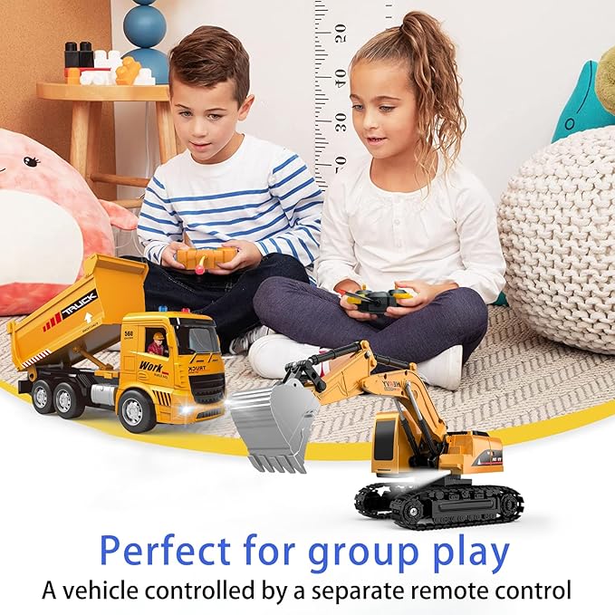 Remote Control Excavator and Dump Truck Toy Set - RC Construction Vehicles Toy with Barricades, Road Signs, Simulated Rocks, Lights and Sounds, Birthday Gifts for Toddlers 3-12 year Boys Girls