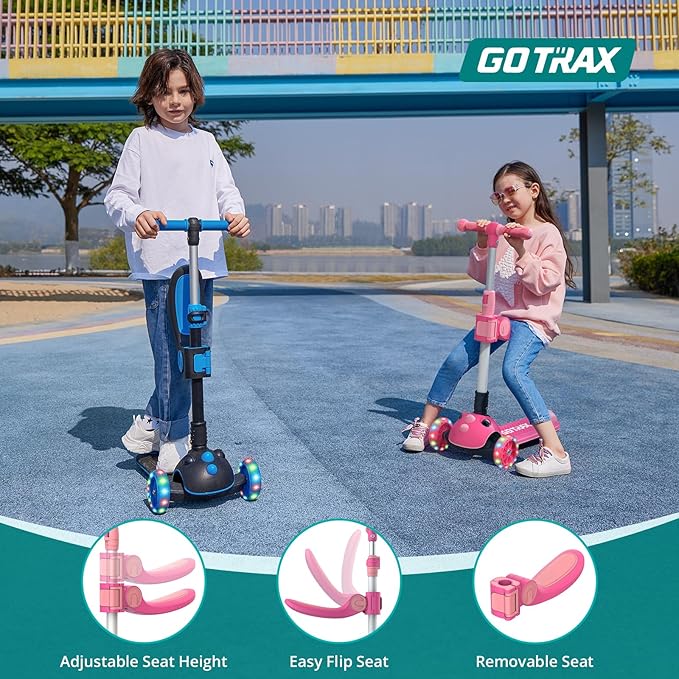 Gotrax KS3 Pro Folding Kick Scooter for Kids, One Key Removable Seat & 3 Extra Wide PU Light-Up Wheels and Anti-Slip Deck, Adjustable Height Handlebar and Lean-to-Steer Scooter for Children Aged 2-8