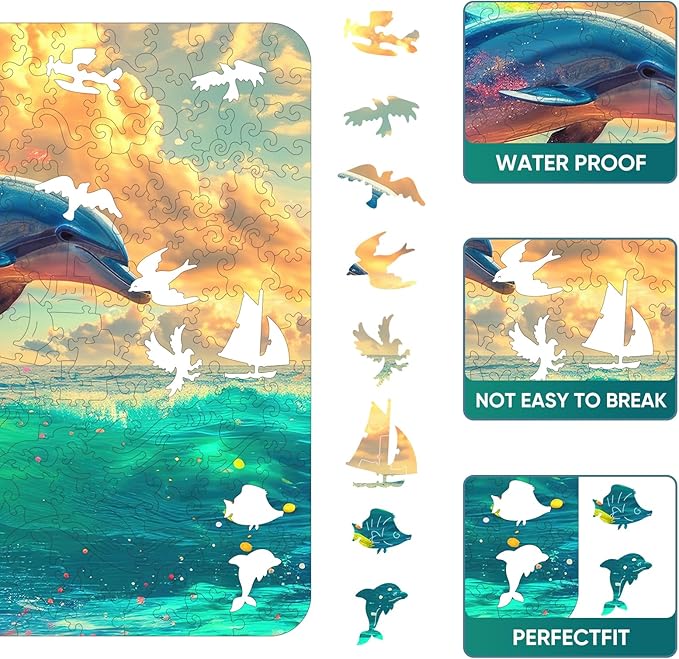 Wooden Puzzle for Adults, Dolphin Wooden Jigsaw Puzzles(11.3 * 14.4in-300pcs), Beautiful Wooden Puzzle with Box Birthday Gifts for Adults and Kids Family Game