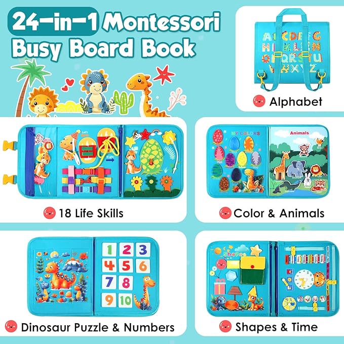 Green Montessori Busy Board Book for Toddlers 1-3, Montessori Toys for 1-3 Year Old Boy Birthday Gift, Educational Quiet Activity Books for Toddlers 1-3, Ages 2-4 Travel Toys for Airplane Car
