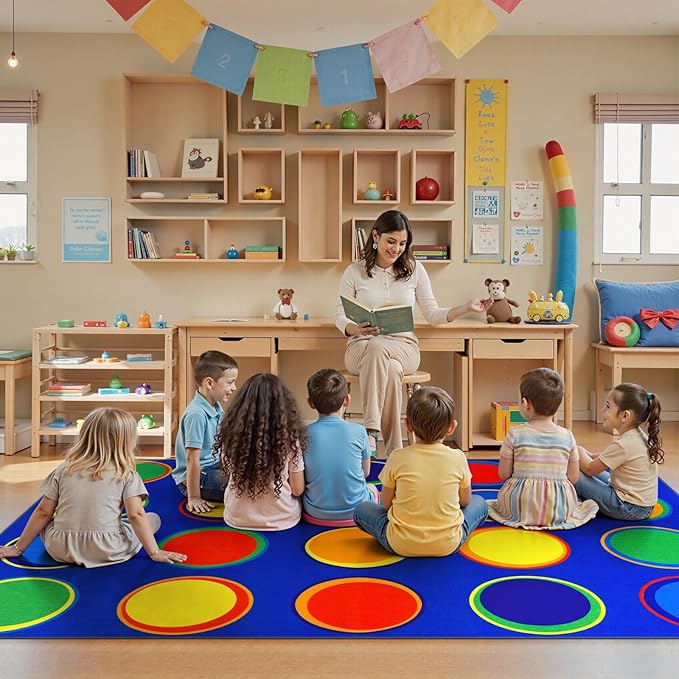 LIVEBOX Sitting Spots Kids Classroom Rug, Washable School Learning Area Rugs, Colorful Preschool Kids Classroom Carpet Non-Slip Playroom Mat for Daycare Learning, 6'x9'(Seats-20)