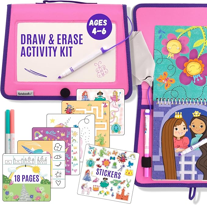 Kids Travel Educational Activity Book with Washable Markers - Car and Airplane Activities, Learning Toys for Toddlers- Search and Find, Reusable Stickers for Ages 4, 5, 6 (Princess)