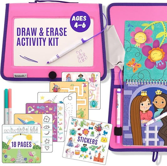 Kids Travel Educational Activity Book with Washable Markers - Car and Airplane Activities, Learning Toys for Toddlers- Search and Find, Reusable Stickers for Ages 4, 5, 6 (Princess)