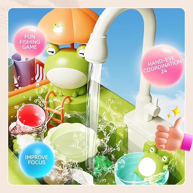 Play Sink with Running Water for Toddlers, Play Kitchen Sink Toy with Electric Faucet for Kids, Pretend Play Dishwasher Play Set with Floating Pool Toys and Fishing Game for Boys Girls