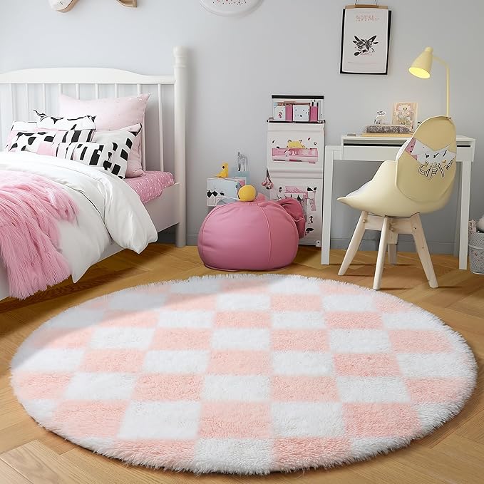 KICMOR Pink Round Rug 4ft for Girls Bedroom, Fluffy Soft Circle Area Rug Cute Small Living Room Carpet, Indoor Fuzzy Shag Shaggy Checkered Circular Rugs for Kids Room Nursery Home Decor Aesthetic