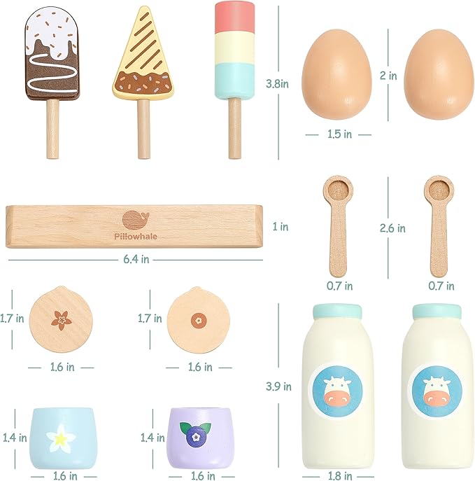 Pillowahle Wooden Play Food for Kids Kitchen, Play Kitchen Accessories, Toy Food Fake Milk, Yogurt, Egg, Ice Cream, Birthday Gift for Boys & Girls 3+