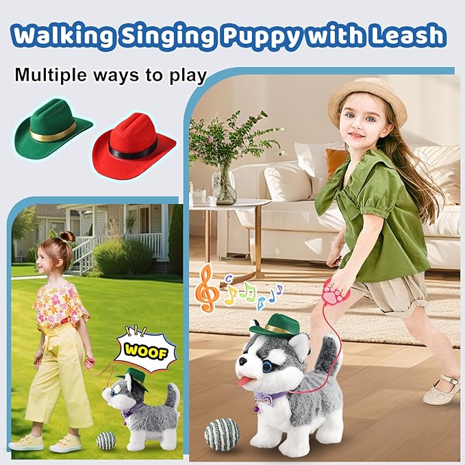 Walking Husky Barking Dog Toy for Child Kid Licking Talking Dog with Leash, Interactive Puppy that Barks Tail Wagging Plush Robot Dog Singing Electric Pet Pretend Dog Dress Up Christmas Boy Girl Gift