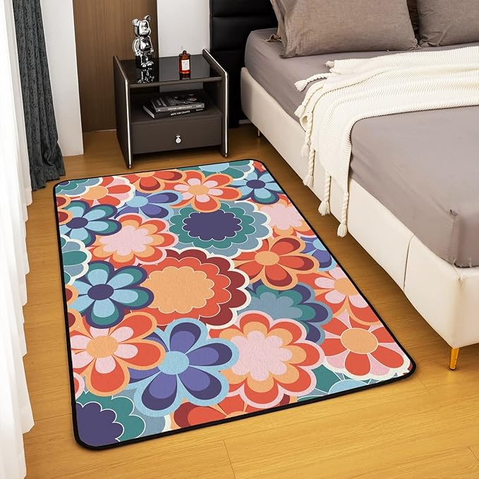 Abstract Retro Floral Area Rug 5x7 Colorful Vintage Flower Power Rug for Girls Teen Women 60S 70S Hippie Carpet Geometric Garden Botanical Psychedelic Washable Living Room Rugs