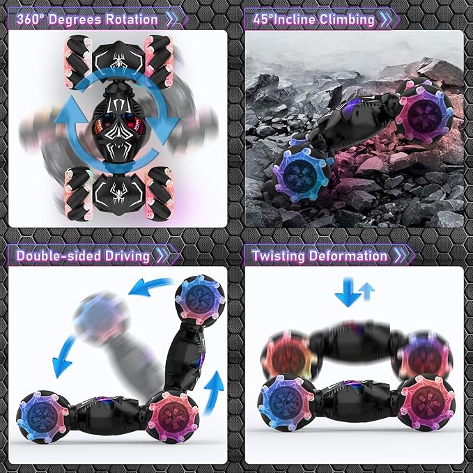 Gesture RC Cars, Hand Controlled Stunt Car Toys for 6-12 yr Boys Girls, 2.4GHz Gesture Sensor Remote Control Cars, 4WD Double Sided RC Twist Car with Light Music for Kids Birthday Xmas Gift