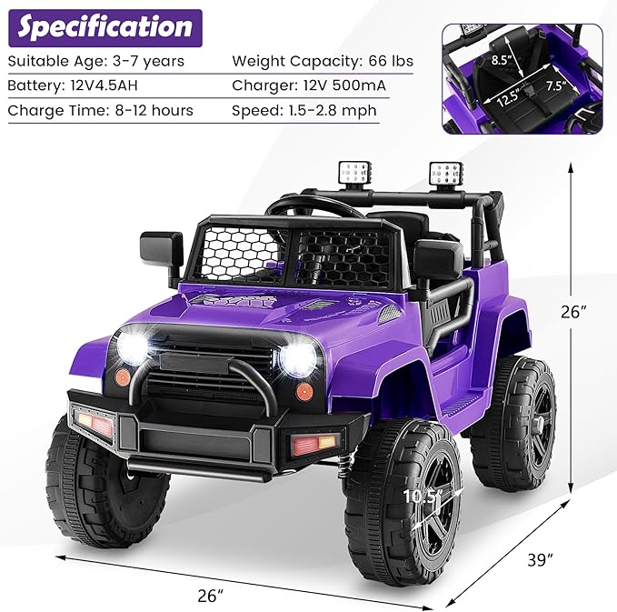 Costzon Ride on Car, 12V Battery Powered Truck Vehicle with Remote Control, Spring Suspension, Headlights, Music, Horn, MP3, USB & Aux Port, Gift for Boys Girls, Electric Car for Kids (Purple)
