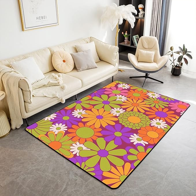 Colorful Vintage Floral Area Rug 3x5,Girls Groovy Flowers Decorative Rug Women Hippie 60S 70S Flowers Power Carpet Psychedelic Botanical Aesthetic Non Shedding Rug for Living Room