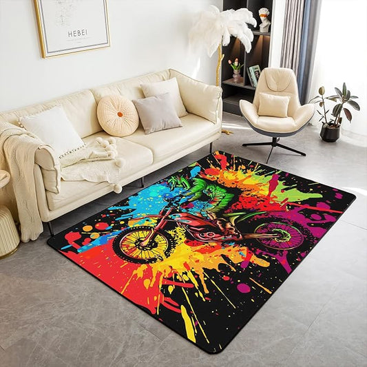 Erosebridal Motocross Rugs for Boys Girls, Motorcycle Racer Area Rug 3x5, Extreme Sport Tie Dye Dirt Bike Motor Vehicles Biker Carpet for Bedside for Kids Car Game Decorative Rug