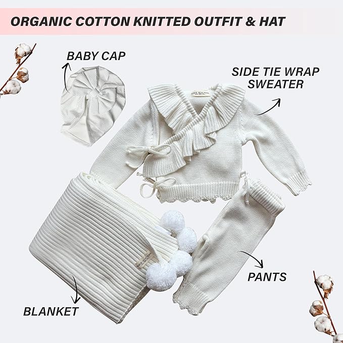 Knitted Newborn Gift Set – 100% Organic Cotton Baby Girl Outfit & Blanket – Soft Coming Home Set (0-3M, 3-6M) – Cozy Infant Set for Daily Wear & Photoshoot – Ropa para Bebé Recién Nacido
