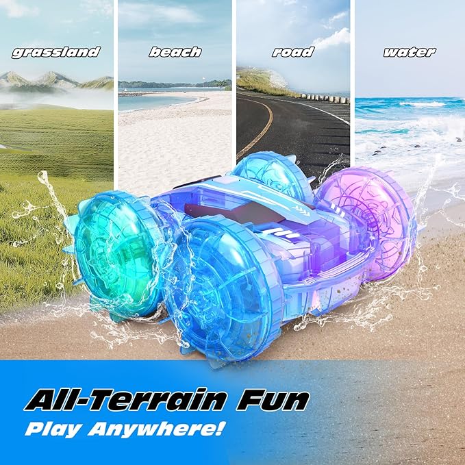 Tecnock Amphibious Remote Control Car Boat for Kids, 4WD RC Cars with Waterproof Remote, 2.4GHz RC Boat with LED Lights, 60 Minutes of Playtime, Water Pool Toys Gifts for Boys and Girls