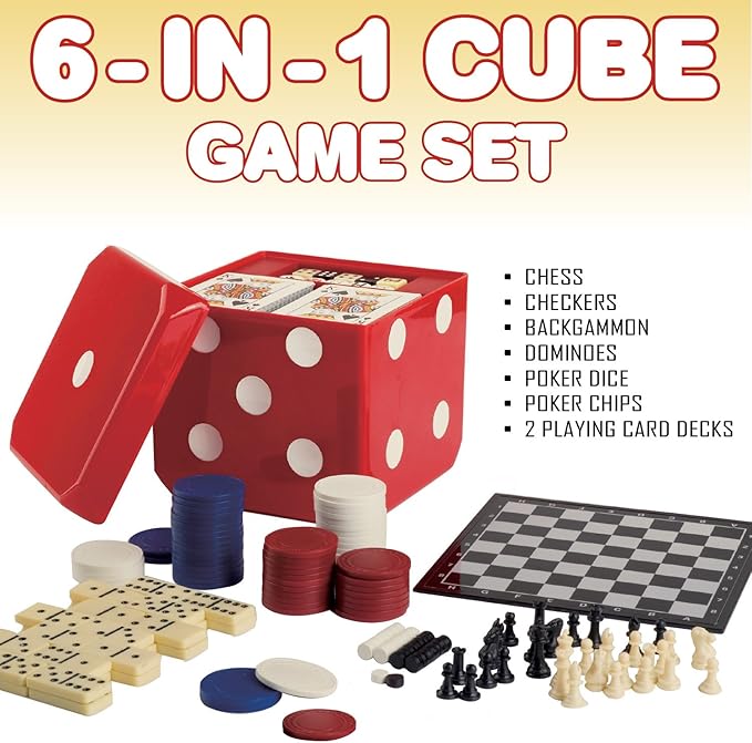 Gamie 6-in-1 Dice Cube Game Set Board Game and Casino Set–Includes Chess, Checkers and Backgammon, 2 Decks of Playing Cards, Poker Chips, Poker Dice and Dominoes-Complete Kit for Family Fun
