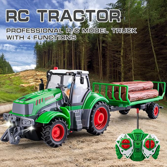 Gift for 5 Year Old boy Kids Remote Control Truck Toddler Farm Toys for Boys Age 4-7 Kids Remote Control Tractor for Boys 4-7 1/24 Scale Log Trailer