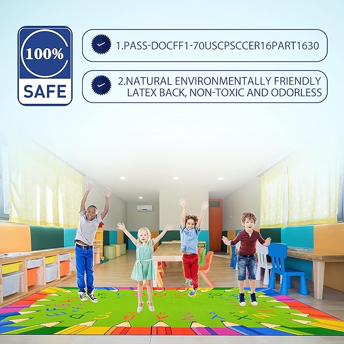 Classroom Rug for Kids Reading Area - Neutral Colorful Preschool Rug (6.5 x 8.5 ft)