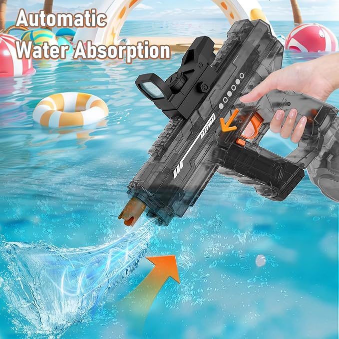 Electric Water Gun for Kids Adults, Transparent Automatic Squirt Gun with 30-32 FT Long Range, Summer Outdoor Beach Swimming Pool Party Toys for Boys Girls Adults (Black)