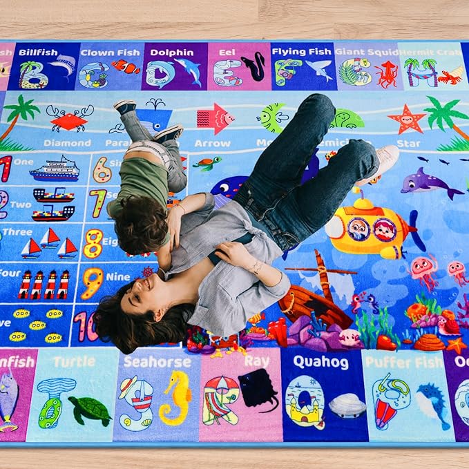 ABC Kids Rug for Playroom 59"×39.4" Ocean Rug Baby Play Mat Alphabet Carpet Sea Animal Number Shape Classroom Kids Playroom Mat Early Learning Carpet for Preschool Toddlers