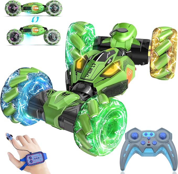 Gesture Sensing RC Stunt Cars - Toys for Boys Girls 6-12 | Best Gifts for Kids 6-12 Years Old | 4WD 360° Rotating Remote Control Transform Car | All-Terrain Off Road Vehicle with Lights Music Green