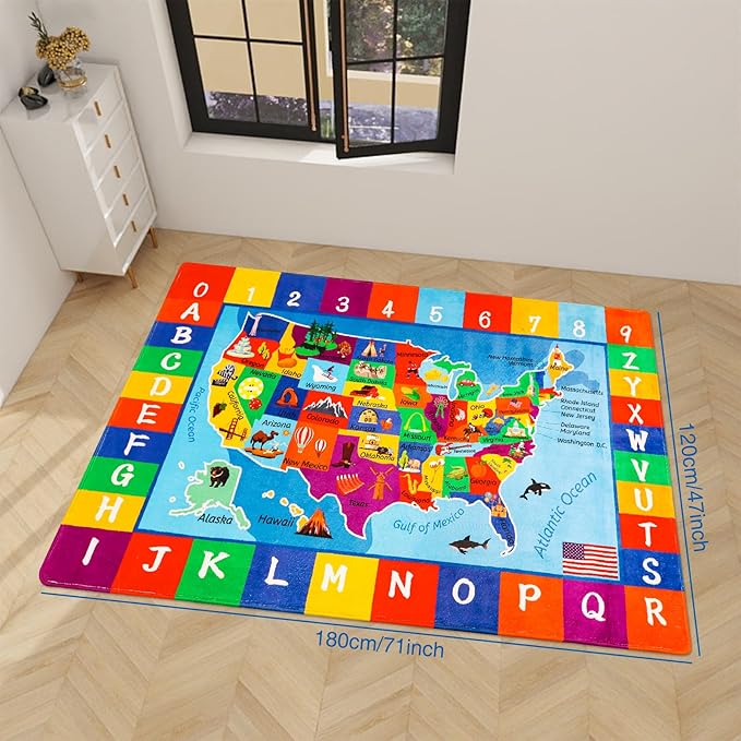 USA Map ABC Kid Rug 47x70.9IN for Playroom & Classroom - Fluffy, Non-Slip, Educational Baby Playmat with Alphabet Design